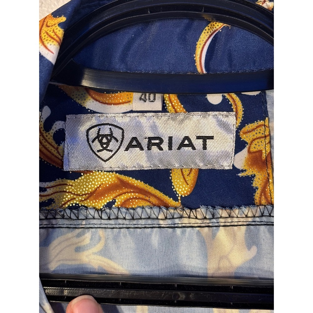 Ariat Mens Navy Gold Baroque Filigree Scroll Print Button Down Shirt Size 40 M - Picture 2 of 4